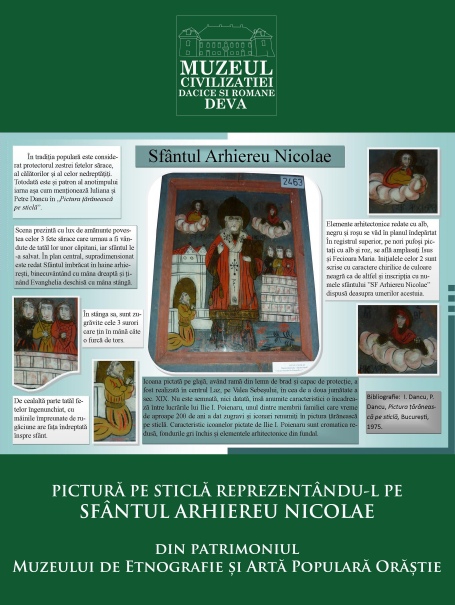 Pictură pe sticlă reprezentându-l pe Sfântul Arhiereu Nicolae (patrimoniul Muzeului de Etnografie și Artă Populară Orăștie)